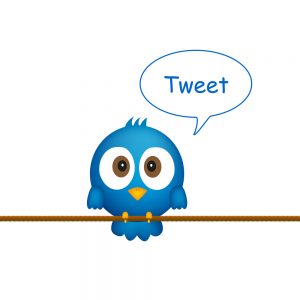 Cartoon blue bird sitting on rope, singing - "Tweet" comes out of its mouth in a bubble. Keyword: Twitter