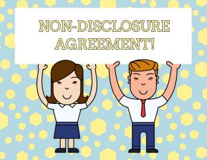 A cartoon man and woman hold up a sign that says "Non-Disclosure Agreement!"