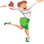 Cartoon. White businesswoman jumps, happy. She is wearing a green skirt and shoes and a white blouse. Keyword: strengths and weaknesses