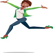 Cartoon. Black businesswoman jumps happily. She wears blue pants, a white blouse, and a green jacket and shoes. Keyword: vision