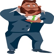 Cartoon. Black businessman in a blue suit strokes his beard. Keyword: mission statement